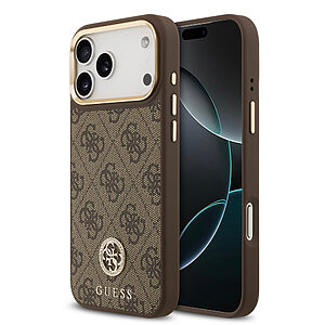 Πολυτελής καφέ θήκη Guess με χαρακτηριστικό 4G monogram pattern και χρυσές λεπτομέρειες - Συνδυάζει premium αισθητική με αξιόπιστη προστασία για το iPhone 17 Pro Max σου