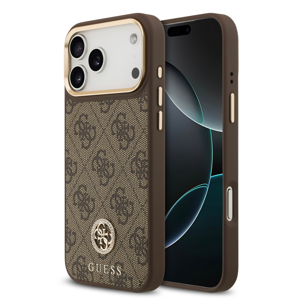 Θήκη Guess με διακριτικό χρυσό 4G metal logo με strass TPU και επικάλυψη δερματίνης μεταλλικά χρυσά κουμπιά για iPhone 17 Pro Max καφέ Πολυτελής καφέ θήκη Guess με χαρακτηριστικό 4G monogram pattern και χρυσές λεπτομέρειες - Συνδυάζει premium αισθητική με αξιόπιστη προστασία για το iPhone 17 Pro Max σου
