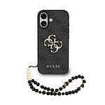 Κομψή θήκη Guess με χαρακτηριστικό 4G monogram pattern σε μαύρη απόχρωση, εντυπωσιακό χρυσό μεταλλικό λογότυπο και πρακτικό strap χειρός με χάντρες - Συνδυάζει premium αισθητική με αξιόπιστη προστασία για το iPhone 17