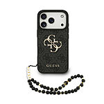 Εντυπωσιακή θήκη Guess με χαρακτηριστικό 4G μοτίβο σε μαύρο χρώμα, χρυσό metal λογότυπο και κομψό strap χειρός με χάντρες - Συνδυάζει luxury αισθητική με αξιόπιστη προστασία για το iPhone 17 Pro σου
