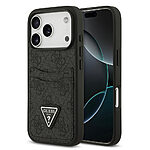 Κομψή θήκη Guess με χαρακτηριστικό τρίγωνο logo σε ανάγλυφο μαύρο σχεδιασμό με δύο θήκες καρτών - Συνδυάζει την υψηλή αισθητική με πρακτικότητα για το iPhone 17 Pro