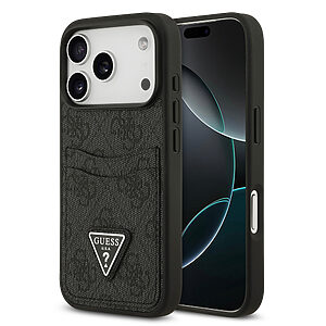 Κομψή θήκη Guess με χαρακτηριστικό τρίγωνο logo σε ανάγλυφο μαύρο σχεδιασμό με δύο θήκες καρτών - Συνδυάζει την υψηλή αισθητική με πρακτικότητα για το iPhone 17 Pro