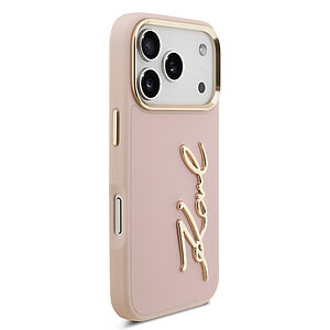 ΘΗΚΕΣ ΚΙΝΗΤΩΝ iPhone ΑΞΕΣΟΥΑΡ 36 Θήκη Karl Lagerfeld Magsafe με χρυσή μεταλλική ανάγλυφη υπογραφή Karl και χρυσά πλαινά κουμπιά για iPhone 17 Pro ροζ - Εικόνα 2