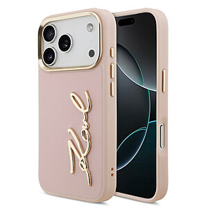 Κομψή ροζ θήκη TPU με εντυπωσιακή χρυσή μεταλλική υπογραφή Karl και χρυσά πλαινά κουμπιά - Το soft-touch φινίρισμα προσφέρει άνετο κράτημα και αντίσταση στα δακτυλικά αποτυπώματα