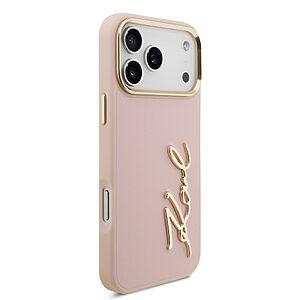 ΘΗΚΕΣ ΚΙΝΗΤΩΝ iPhone ΑΞΕΣΟΥΑΡ 4 Θήκη Karl Lagerfeld Magsafe με χρυσή μεταλλική ανάγλυφη υπογραφή Karl και χρυσά πλαινά κουμπιά για iPhone 17 Pro Max ροζ - Εικόνα 2