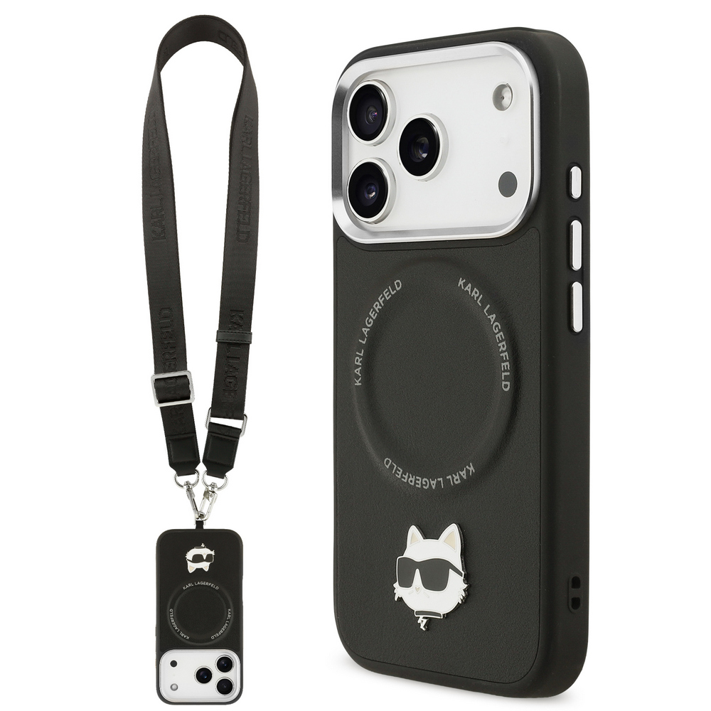 Θήκη Karl Lagerfeld Magsafe με metal Choupette logο και strap λαιμού για iPhone 17 Pro μαύρο Μαύρη θήκη Karl Lagerfeld με χαρακτηριστικό metal Choupette logo και πρακτικό strap λαιμού - Μοντέρνος σχεδιασμός που συνδυάζει προστασία MagSafe με iconic fashion statement