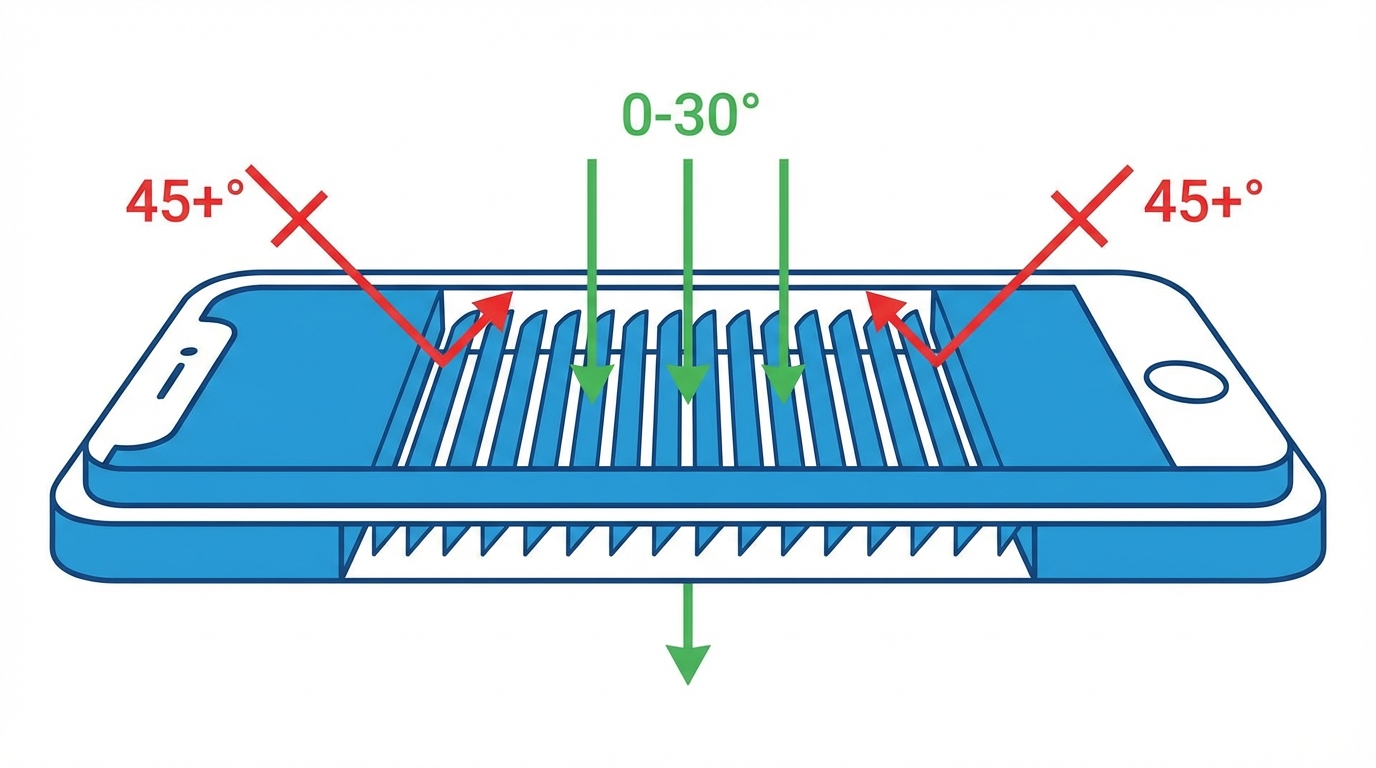 Privacy Glass για Κινητό: Ο Πλήρης Οδηγός 2026 2 Διάγραμμα: Τεχνολογία micro-louver που μπλοκάρει πλάγιες γωνίες θέασης (45°+) ενώ επιτρέπει ορθή θέαση (0-30°)