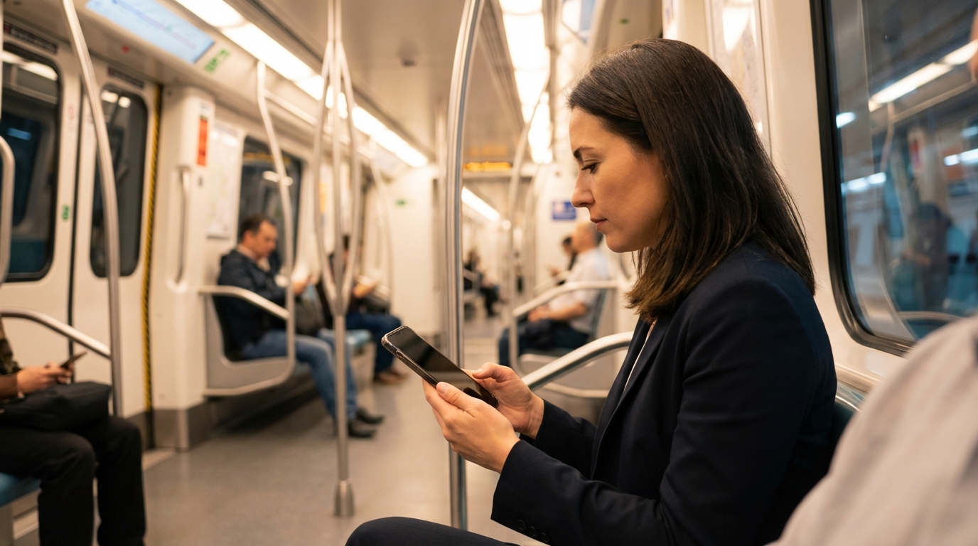 Privacy Glass για Κινητό: Ο Πλήρης Οδηγός 2026 3 Γυναίκα χρησιμοποιεί κινητό με privacy glass στο μετρό - η οθόνη προστατεύεται από τους γύρω επιβάτες