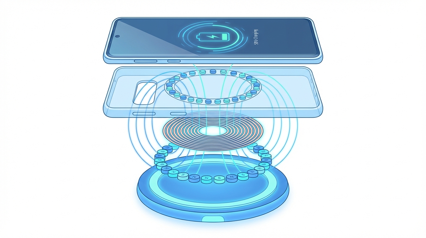 Διάγραμμα λειτουργίας Qi2 μαγνητικής φόρτισης Samsung Galaxy S26 - πηνία μαγνήτες θήκη