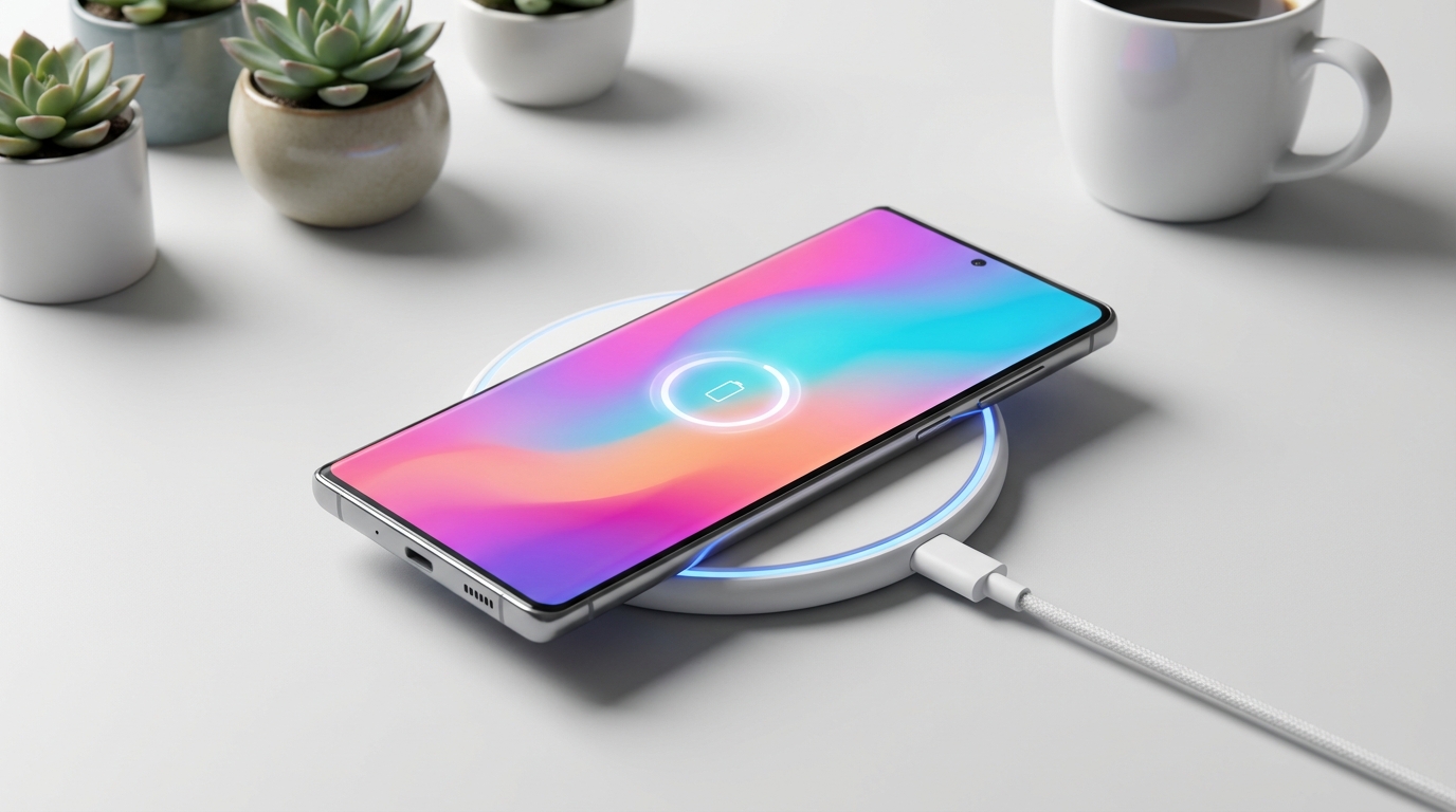 Samsung Galaxy S26 μαγνητική φόρτιση Qi2 - κινητό πάνω σε ασύρματο φορτιστή με μπλε LED