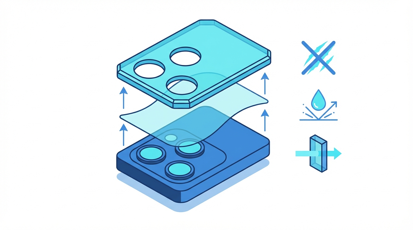 Διάγραμμα λειτουργίας προστατευτικού κάμερας κινητού με στρώματα γυαλιού και επίστρωση