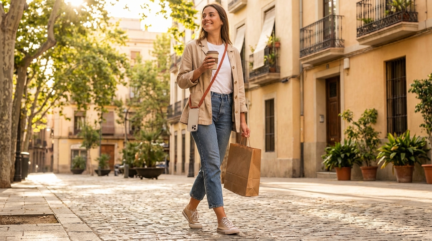 Γυναίκα περπατάει με crossbody θήκη κινητού με κορδόνι ελεύθερα χέρια