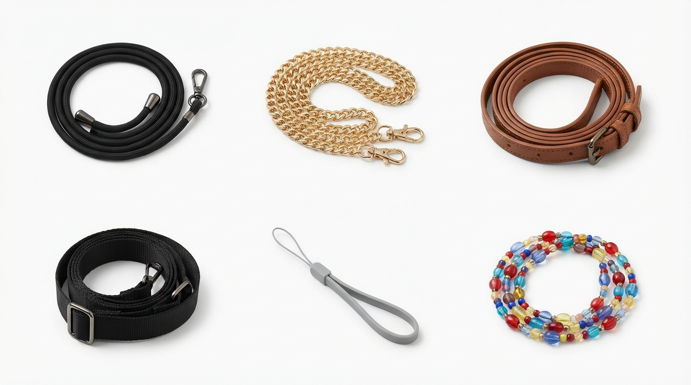 Έξι τύποι λουρακιών κινητού: κορδόνι, αλυσίδα, δέρμα, ρυθμιζόμενο, καρπού, χάντρες