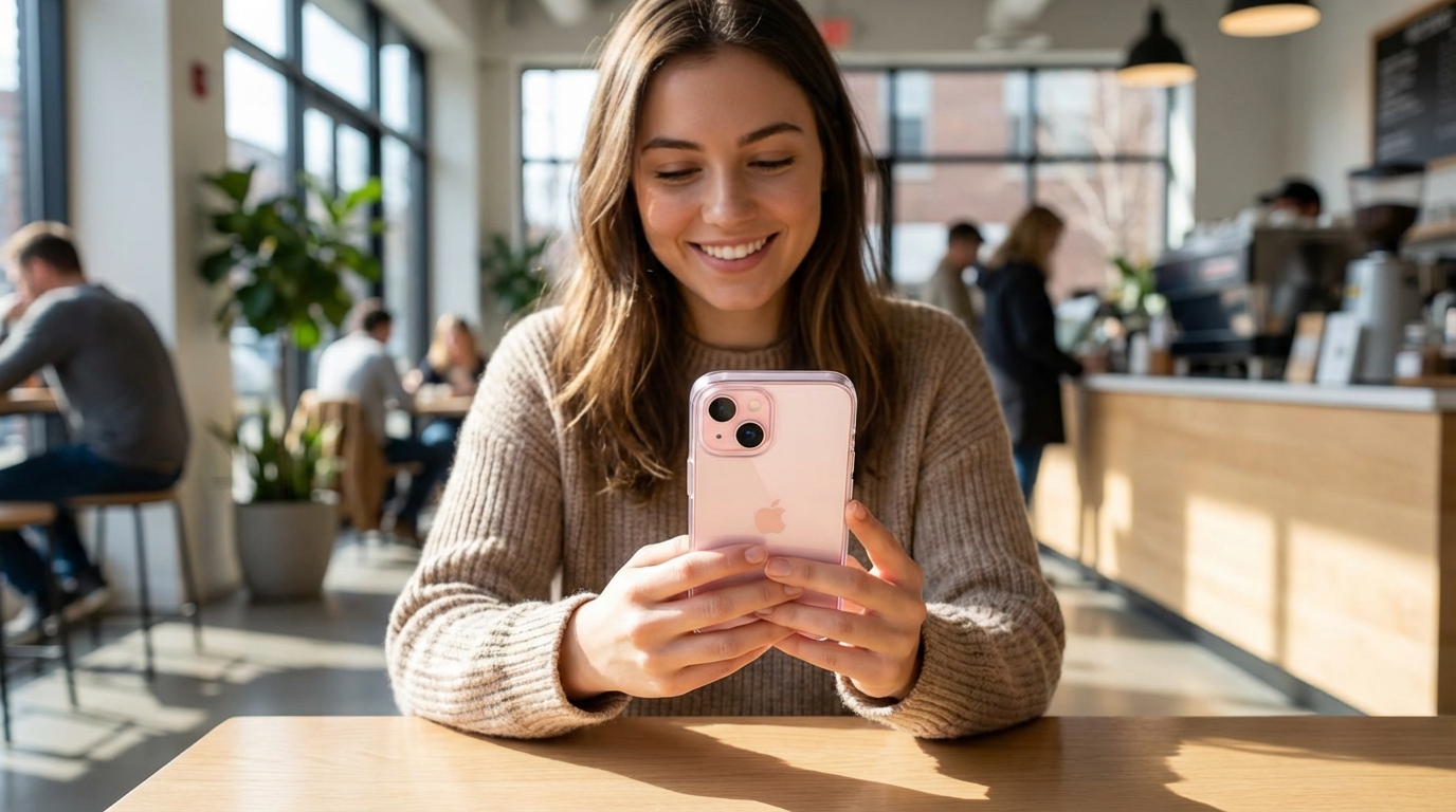 Γυναίκα κρατάει iPhone 17e με διάφανη θήκη σε καθημερινή χρήση