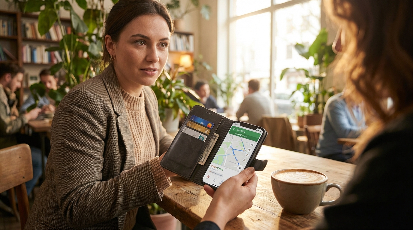 Γυναικα κραταει Motorola με flip wallet θηκη και καρτες σε καφετερια