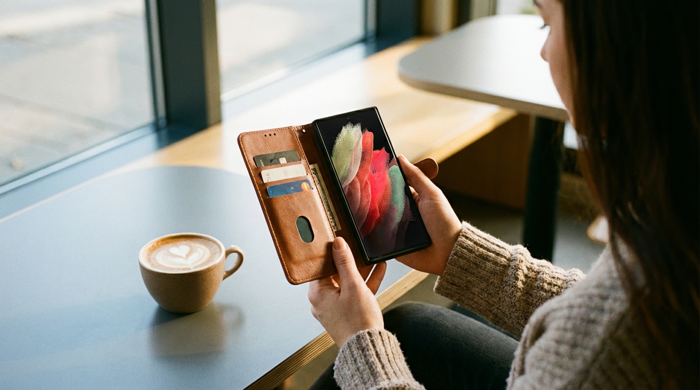 Γυναικα κραταει Samsung Galaxy S26 Ultra με δερματινη θηκη πορτοφολι σε καφετερια