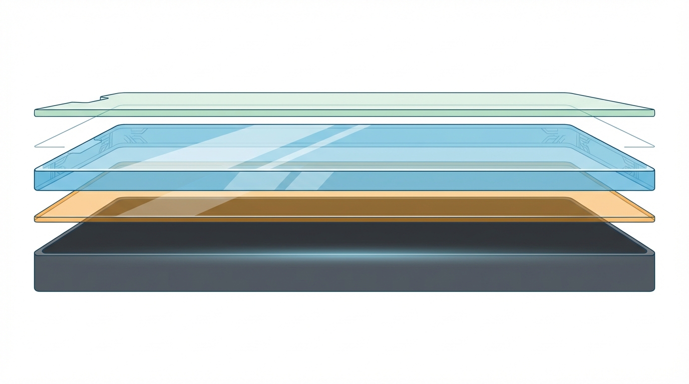 Tempered glass στρώματα κατασκευής: oleophobic coating, anti-shatter film, σκληρυμένο γυαλί, adhesive layer