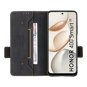 Flip Πορτοφόλι από Συνθετικό Δέρμα (PU) με TPU για το Honor 400 Smart σε Μαύρο χρώμα, με θήκες καρτών και ενσωματωμένη βάση στήριξης.