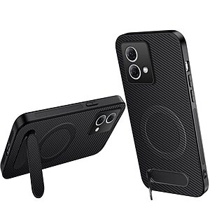 Σκληρή Πλάτη PC+TPU για Motorola Moto G84 5G από WANLONFENG QT Series σε Μαύρο χρώμα με υφή carbon fiber και ενσωματωμένο Stand.