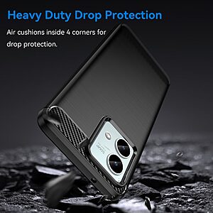 Πλάτη TPU για το Motorola Moto G84 5G σε Μαύρο χρώμα με υφή Carbon Fiber, ανθεκτική στις γρατζουνιές και με υπερυψωμένα bezels για προστασία οθόνης και κάμερας.