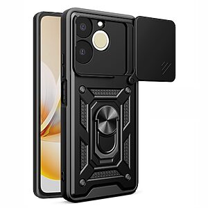 Σκληρή Πλάτη PC+TPU για Realme Note 70T από OEM σε Μαύρο χρώμα με περιστρεφόμενο Stand, προστασία στρατιωτικών προδιαγραφών και κινητή ασπίδα κάμερας.