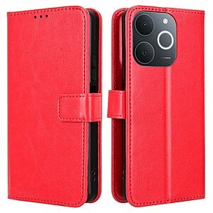 Flip Πορτοφόλι από Συνθετικό Δέρμα (PU) για Realme Note 70T με 3 θήκες καρτών, βάση στήριξης και λουράκι καρπού σε Κόκκινο χρώμα.