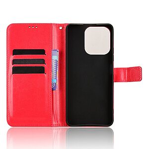 Flip Πορτοφόλι από Συνθετικό Δέρμα (PU) για Realme Note 70T με 3 θήκες καρτών, βάση στήριξης και λουράκι καρπού σε Κόκκινο χρώμα.