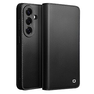 Flip Πορτοφόλι από Αυθεντικό Δέρμα για Samsung Galaxy S26 5G από QIALINO σε Μαύρο χρώμα με θήκες καρτών και ρυθμιζόμενη βάση στήριξης.