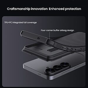 Σκληρή Πλάτη PC+TPU για Samsung Galaxy S26 5G από NILLKIN Camshield Pro Series σε Μαύρο χρώμα με συρόμενο κάλυμμα κάμερας.