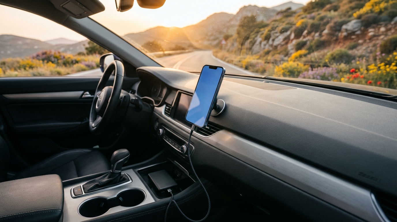 Βάση κινητού αυτοκινήτου σε ταξίδι στην Ελλάδα την άνοιξη με power bank