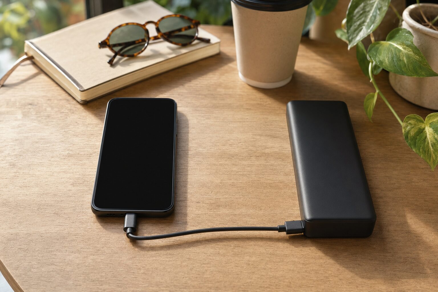 Φόρτιση κινητού με 10000 mAh power bank σε καφετέρια