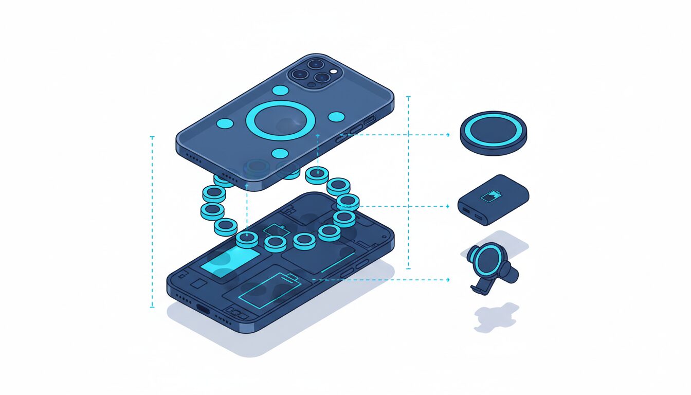 Διάγραμμα MagSafe λειτουργίας με μαγνήτες θήκη και συμβατά αξεσουάρ