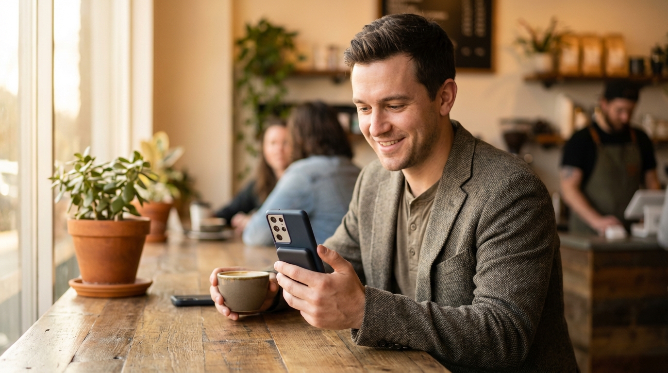 Άνδρας χρησιμοποιεί Samsung Galaxy με MagSafe power bank σε καφετέρια