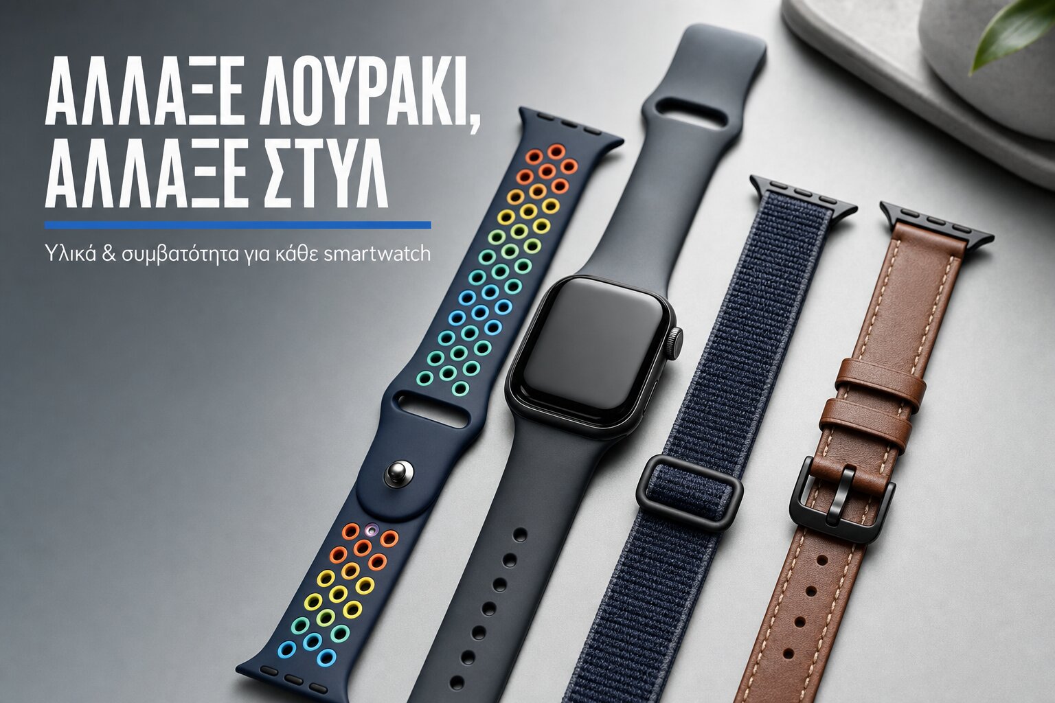 Λουράκια smartwatch σε σιλικόνη, νάιλον και δέρμα γύρω από ένα smartwatch