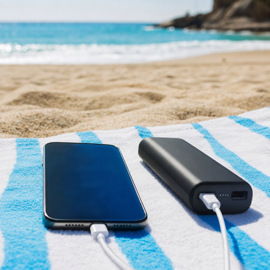 Power bank φορτίζει κινητό στην παραλία