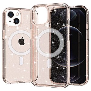 Σκληρή Πλάτη PC+TPU για iPhone 13 με glitter powder σχέδιο και υποστήριξη MagSafe σε χρυσό χρώμα.