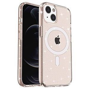 Σκληρή Πλάτη PC+TPU για iPhone 13 με glitter powder σχέδιο και υποστήριξη MagSafe σε χρυσό χρώμα.