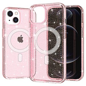 Σκληρή Πλάτη PC+TPU για iPhone 13 με glitter powder σχέδιο και συμβατότητα MagSafe από OEM, σε ροζ χρώμα.