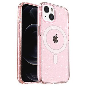Σκληρή Πλάτη PC+TPU για iPhone 13 με glitter powder σχέδιο και συμβατότητα MagSafe από OEM, σε ροζ χρώμα.