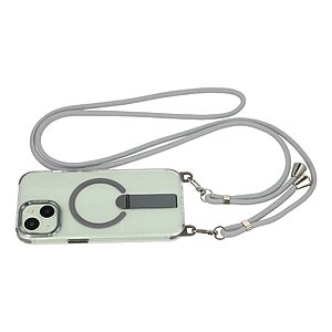 Σκληρή Πλάτη PC+TPU για iPhone 15 σε Γκρι χρώμα με μαγνητικό δακτύλιο, αναδιπλούμενο Stand και αποσπώμενο λουράκι ώμου 150cm.