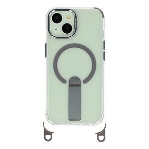 Σκληρή Πλάτη PC+TPU για iPhone 15 σε Γκρι χρώμα με μαγνητικό δακτύλιο, αναδιπλούμενο Stand και αποσπώμενο λουράκι ώμου 150cm.