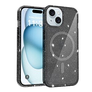 Σκληρή Πλάτη PC+TPU για iPhone 15 με glitter σχέδιο, ενσωματωμένο μαγνήτη και ενισχυμένη προστασία από πτώσεις σε ημιδιάφανο χρώμα.