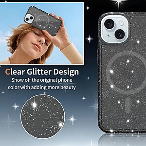 Σκληρή Πλάτη PC+TPU για iPhone 15 με glitter σχέδιο, ενσωματωμένο μαγνήτη και ενισχυμένη προστασία από πτώσεις σε ημιδιάφανο χρώμα.