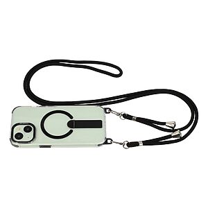 Σκληρή Πλάτη PC+TPU για iPhone 15 σε Μαύρο χρώμα με μαγνητικό δακτύλιο, αναδιπλούμενο Stand και αποσπώμενο λουράκι ώμου 150cm.