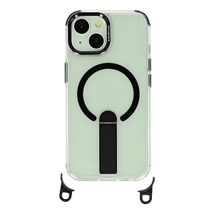 Σκληρή Πλάτη PC+TPU για iPhone 15 σε Μαύρο χρώμα με μαγνητικό δακτύλιο, αναδιπλούμενο Stand και αποσπώμενο λουράκι ώμου 150cm.