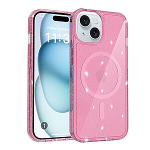 Σκληρή Πλάτη PC+TPU για iPhone 15 με glitter σχέδιο, ενσωματωμένο μαγνήτη και ενισχυμένη προστασία από πτώσεις σε ροζ διάφανο χρώμα.