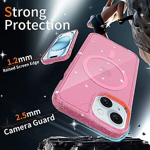 Σκληρή Πλάτη PC+TPU για iPhone 15 με glitter σχέδιο, ενσωματωμένο μαγνήτη και ενισχυμένη προστασία από πτώσεις σε ροζ διάφανο χρώμα.