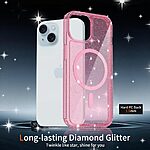 Σκληρή Πλάτη PC+TPU για iPhone 15 με glitter σχέδιο, ενσωματωμένο μαγνήτη και ενισχυμένη προστασία από πτώσεις σε ροζ διάφανο χρώμα.