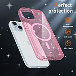 Σκληρή Πλάτη PC+TPU για iPhone 15 με glitter σχέδιο, ενσωματωμένο μαγνήτη και ενισχυμένη προστασία από πτώσεις σε ροζ διάφανο χρώμα.