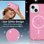 Σκληρή Πλάτη PC+TPU για iPhone 15 με glitter σχέδιο, ενσωματωμένο μαγνήτη και ενισχυμένη προστασία από πτώσεις σε ροζ διάφανο χρώμα.